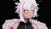 a girl with white hair and horns is wearing a fur coat and collar .