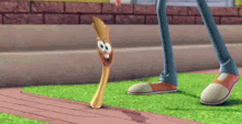a person is standing next to a cartoon character that has a long leg
