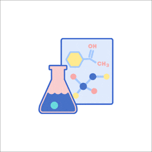 an icon of a beaker next to a sheet of paper with chemical formulas on it