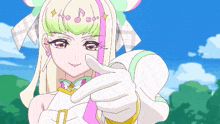 a girl in a white glove is pointing her finger