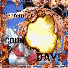 a picture of a girl with an explosion in the background that says " you will drop dead on september 2nd "
