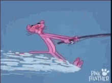 a pink panther is standing on a wooden post in the water with the words `` monday '' written above her .