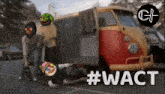 a red and yellow van with the words #wact on the bottom