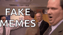 a group of men are standing in a room with fake memes written on the top