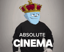 a cartoon character with a crown on his head is wearing a black sweater that says absolute cinema