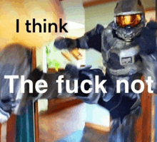 a video game character kicking someone with the words " i think the fuck not " above him