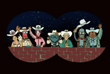 a group of cartoon characters are standing on a brick wall