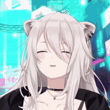 a close up of a anime girl with a choker and a cat ear