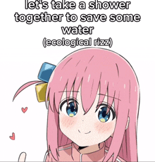 a picture of a girl with pink hair and the words let 's take a shower together to save some water ( ecological rizz )