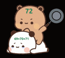 a teddy bear with the number 72 on its head is holding a pan