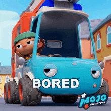 a cartoon character driving a blue car with the word bored written on it