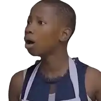 a young girl wearing an apron and a blue tank top looks surprised