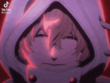a close up of a person wearing a hooded jacket with a red background .