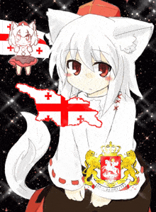 a drawing of a girl with a cat ear and a coat of arms