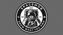 a black and white logo for spacemob shows an astronaut holding a camera