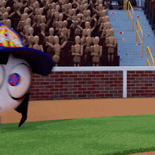 a cartoon character wearing a blue hat is standing in front of a crowd of mannequins