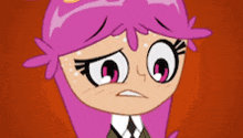 a cartoon girl with pink hair and big eyes is making a sad face .