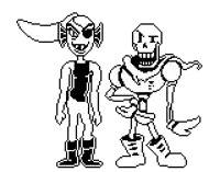 a black and white pixel art of a skeleton and an elf standing next to each other on a white background .