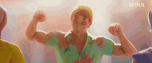 a man in a green shirt is flexing his muscles .