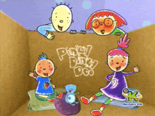 a group of children are playing in a room with the words pinky dinky doo written on the wall behind them