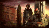 two soldiers are standing in front of a building with one wearing a red beret with the letter c on it
