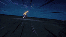 a cartoon character is holding a sword with a yellow light coming out of it