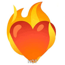 a red heart is surrounded by flames and the word hot is below it