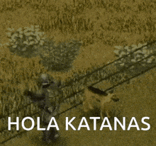 a video game scene with the words hola katanas in white letters