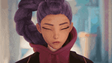a cartoon character with purple hair and a red hoodie