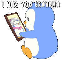 a penguin is looking at a picture of an older woman and says " i miss you grandma "