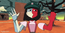 a cartoon character is waving at the camera while wearing a green hat and a pink dress .