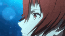 a close up of a person 's face with red hair and a blue background