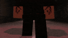 a person in a video game standing in front of an exit sign