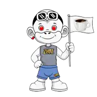 a cartoon character wearing a shirt that says ' zhou ' on it