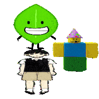 a green leaf and a roblox character are standing next to each other .