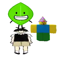 a green leaf and a roblox character are standing next to each other .