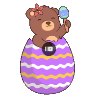 a teddy bear with a flower on its head is holding a maraca in an easter egg