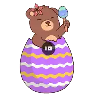 a teddy bear with a flower on its head is holding a maraca in an easter egg