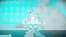a girl in a blue dress is standing in front of a screen that says whip syrup !!! jump !!!