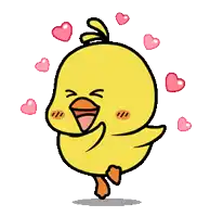 a cartoon duck is surrounded by pink hearts on a white background