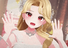 a girl with blonde hair and red eyes is wearing a white dress and silver necklace