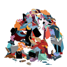 an illustration of a pile of clothes including a hat and a purse