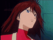 a girl with red hair and blue eyes is wearing a red jacket
