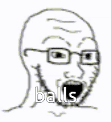 a pixelated image of a bald man with glasses and the word balls written on it .