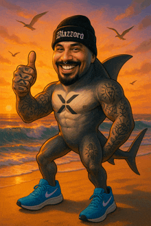a cartoon of a shark with a beanie that says blazzard on it