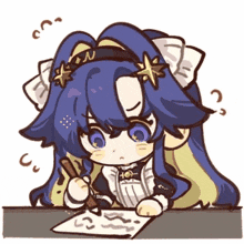 a cartoon drawing of a girl with long blue hair holding a pen