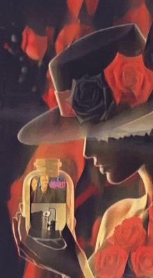 a painting of a man in a hat holding a bottle of perfume