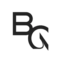 a black and white logo with the letters b and g on a white background