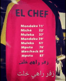 a red shirt with el chef written on the back