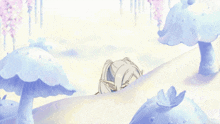 a girl in a white coat and scarf is standing in a field of mushrooms